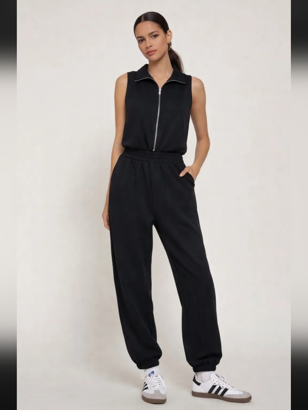 Boutique Active USA Sleeveless Black Zip-Front Jumpsuit Small NWT Scuba